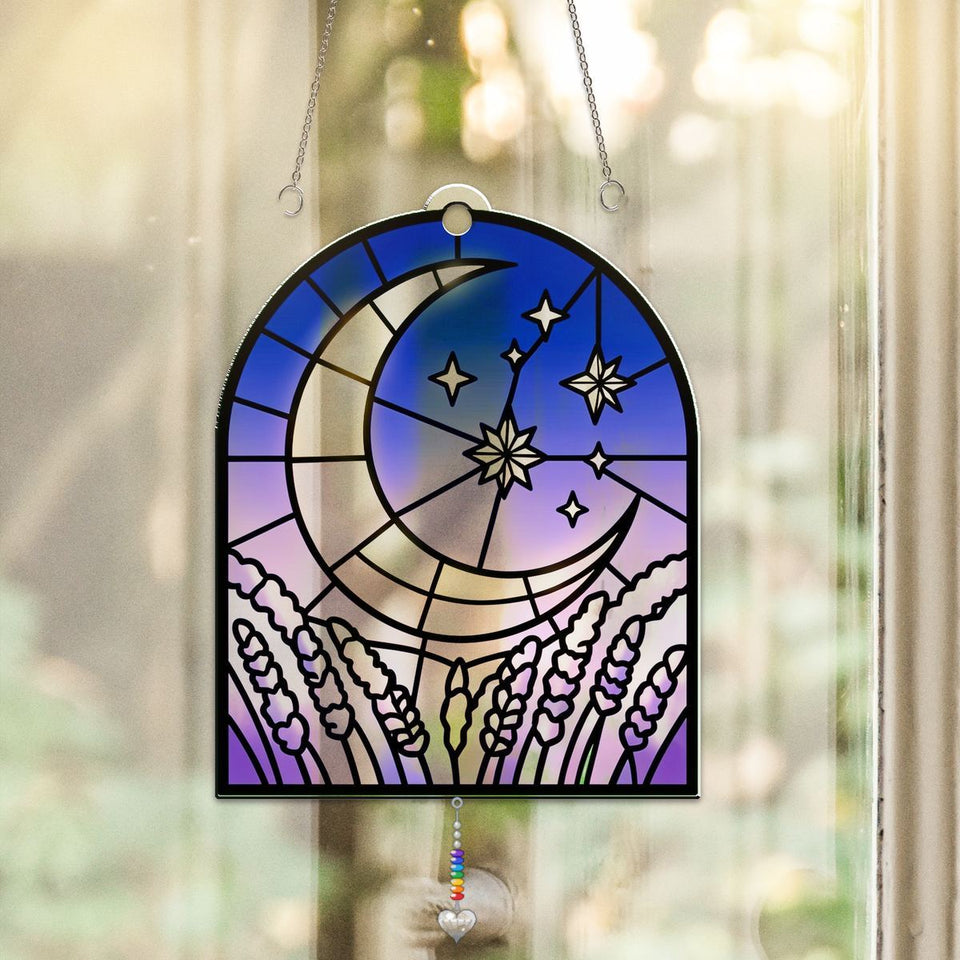 Starry Lavender Moon Arch Acrylic Suncatcher with heart crystal + rainbow chain