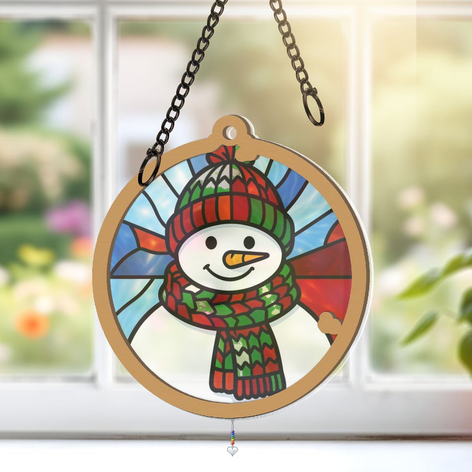 Snowman Scarf Circle Window Hanging Suncatcher with heart crystal + rainbow chain