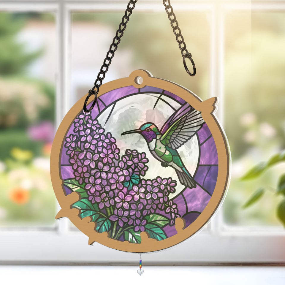 Hummingbird Lilac Moon Circle Window Hanging Suncatcher with heart crystal + rainbow chain