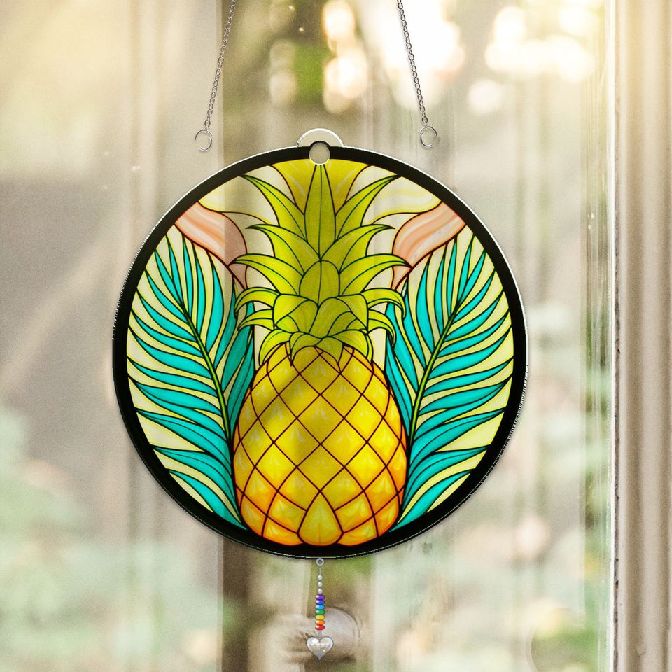 Pineapple Palm Leaf Circle Acrylic Suncatcher with heart crystal + rainbow chain