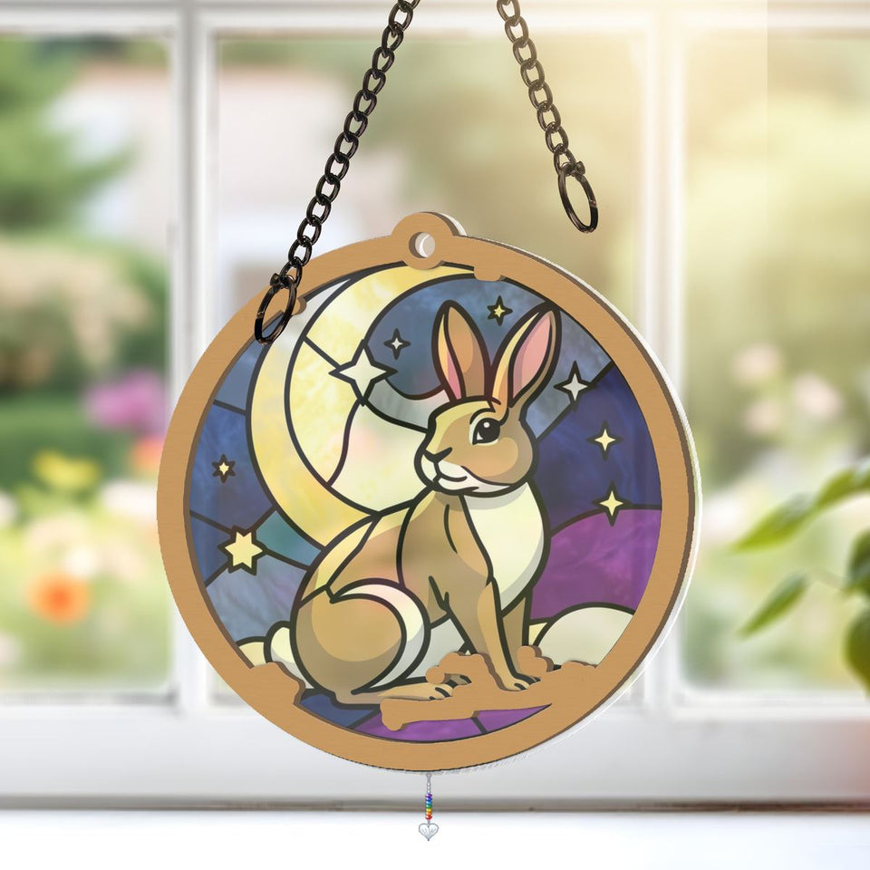 Moon Gazing Hare Circle Window Hanging Suncatcher with heart crystal + rainbow chain
