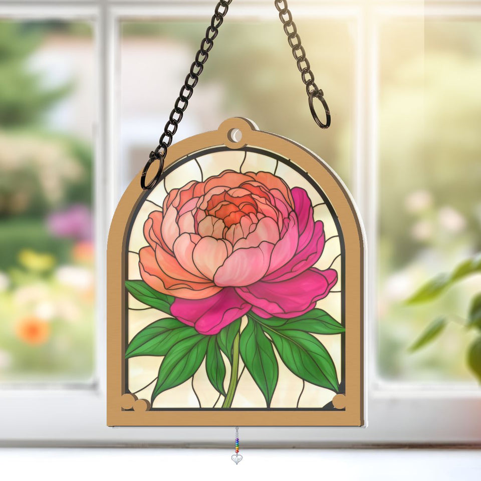 Peony Bloom Arch Window Hanging Suncatcher with heart crystal + rainbow chain