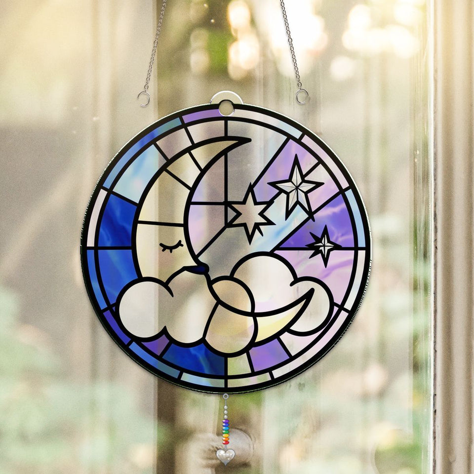 Sleepy Moon Cloud Circle Acrylic Suncatcher with heart crystal + rainbow chain
