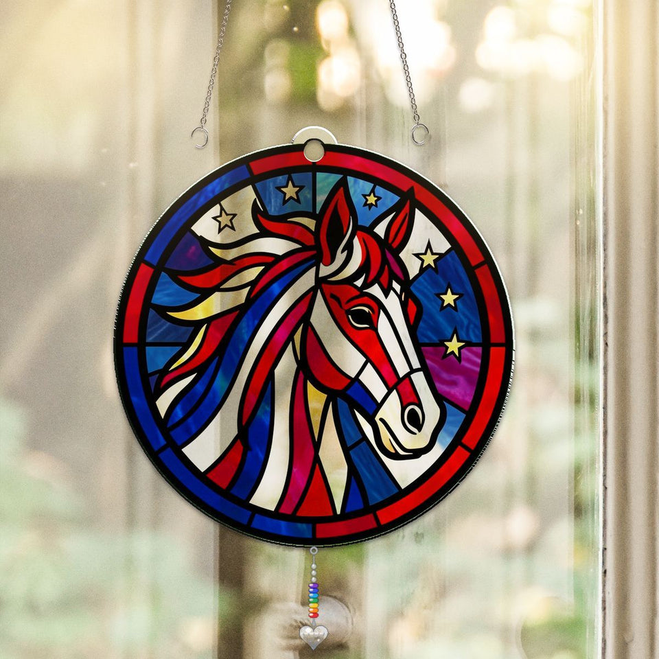 Patriotic Horse Stars Circle Acrylic Suncatcher with heart crystal + rainbow chain