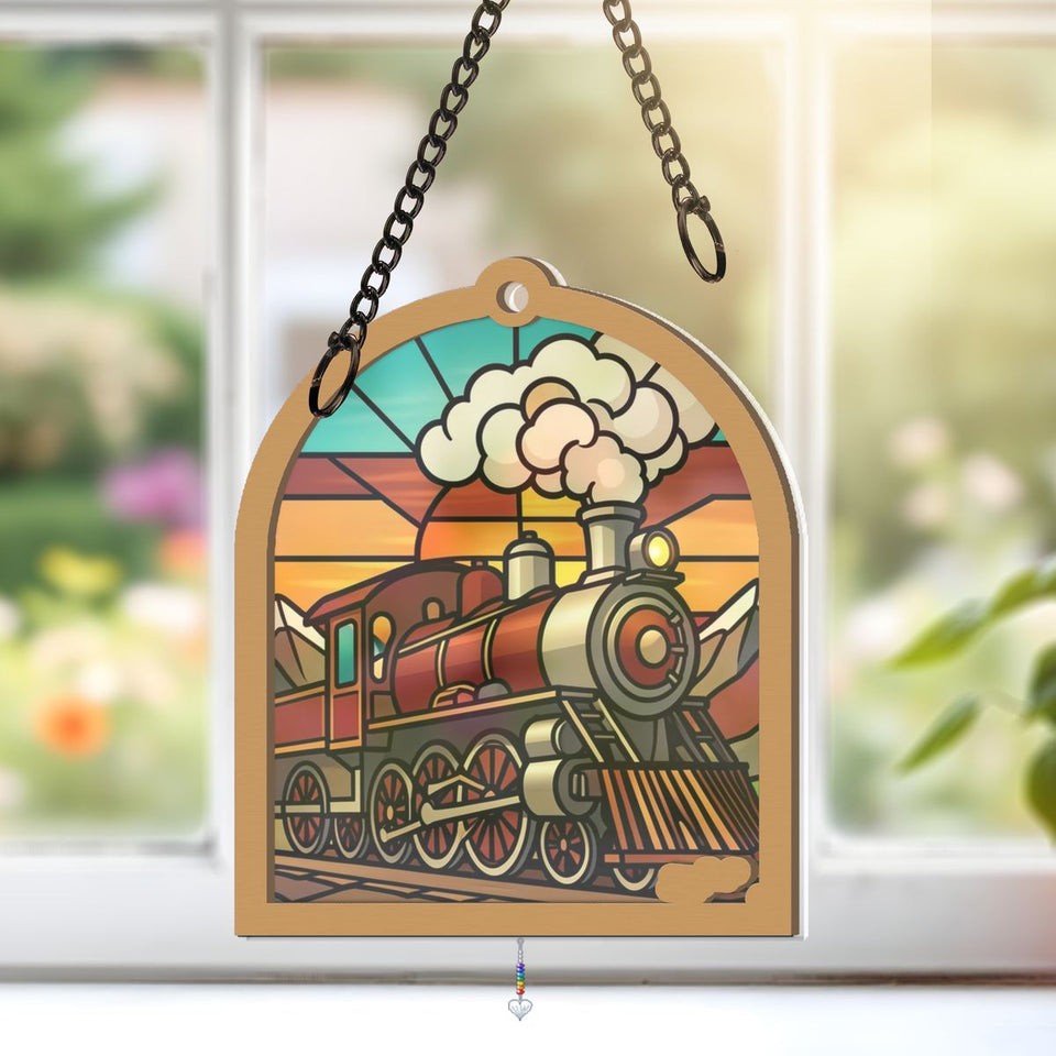 Steam Train Mountain Arch Window Hanging Suncatcher with heart crystal + rainbow chain
