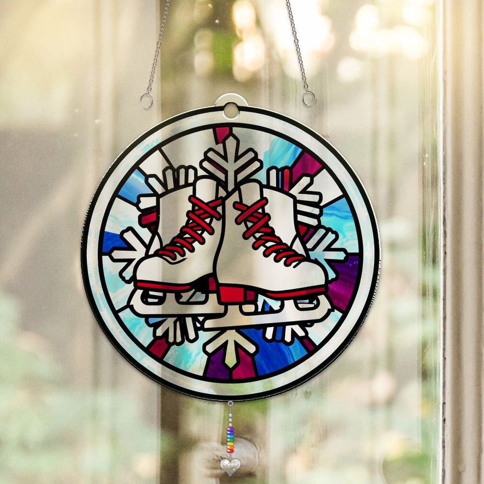 Winter Ice Skates Circle Acrylic Suncatcher with heart crystal + rainbow chain