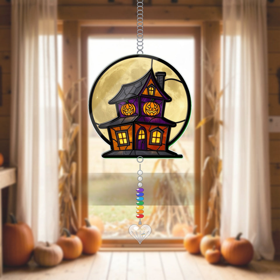 Haunted House Full Moon Acrylic Suncatcher with heart crystal + rainbow chain
