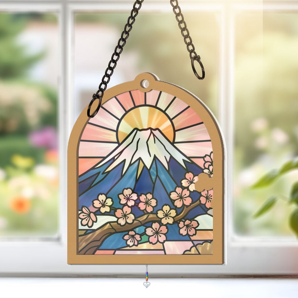 Mount Fuji Blossom Arch Window Hanging Suncatcher with heart crystal + rainbow chain