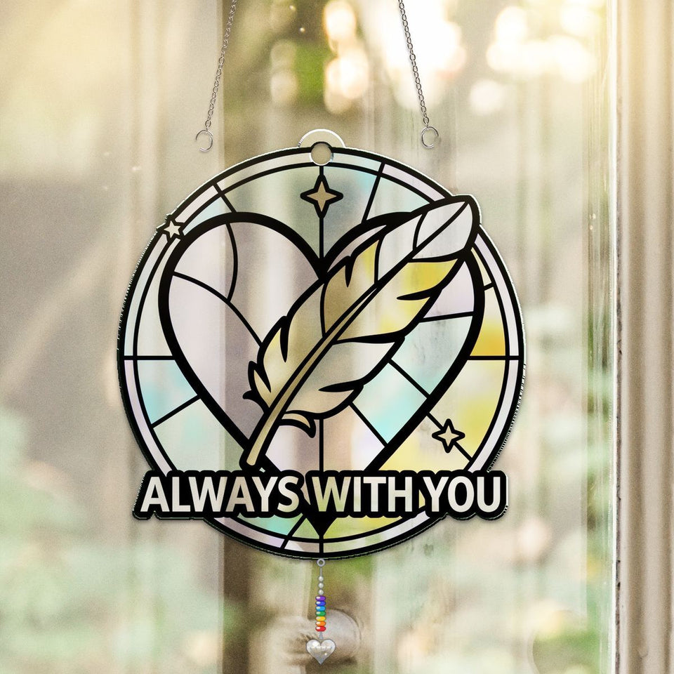 Feather Heart Remembrance Circle Acrylic Suncatcher with heart crystal + rainbow chain