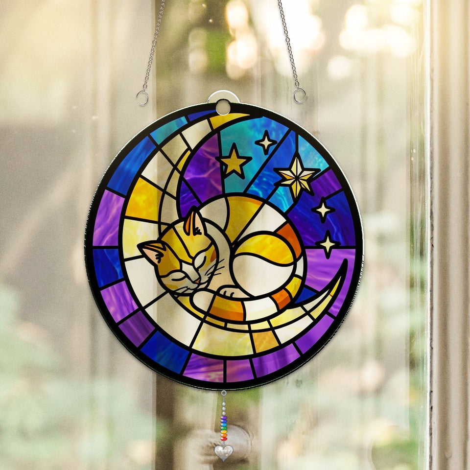 Sleeping Cat Crescent Window Acrylic Suncatcher with heart crystal + rainbow chain