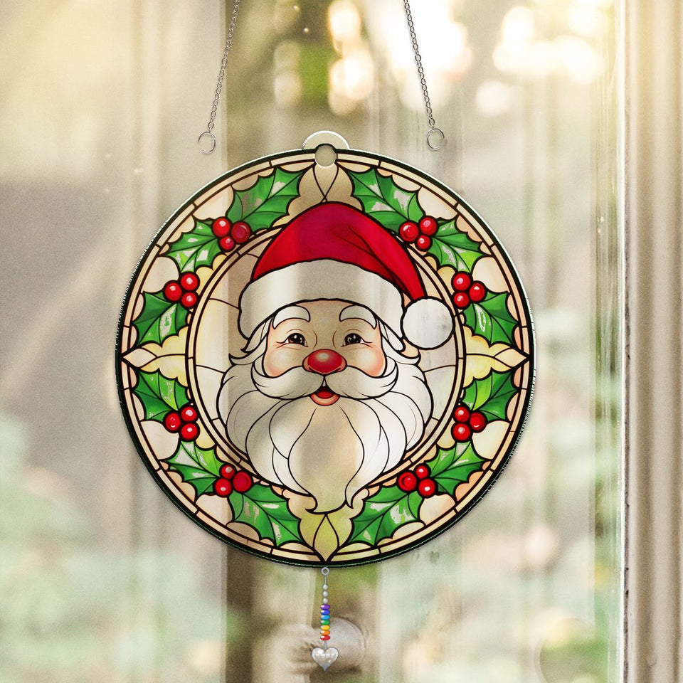 Santa Face Holly Circle Acrylic Suncatcher with heart crystal + rainbow chain
