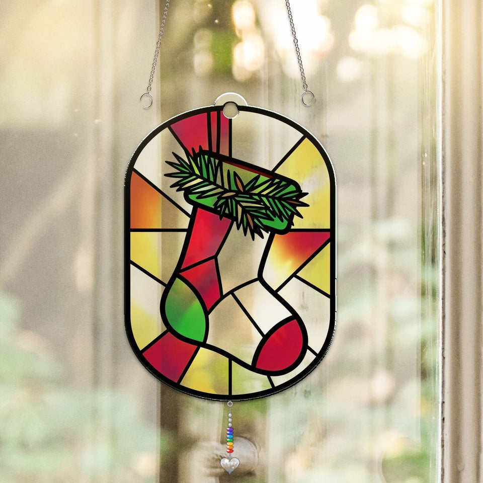 Christmas Stocking Pine Acrylic Suncatcher with heart crystal + rainbow chain