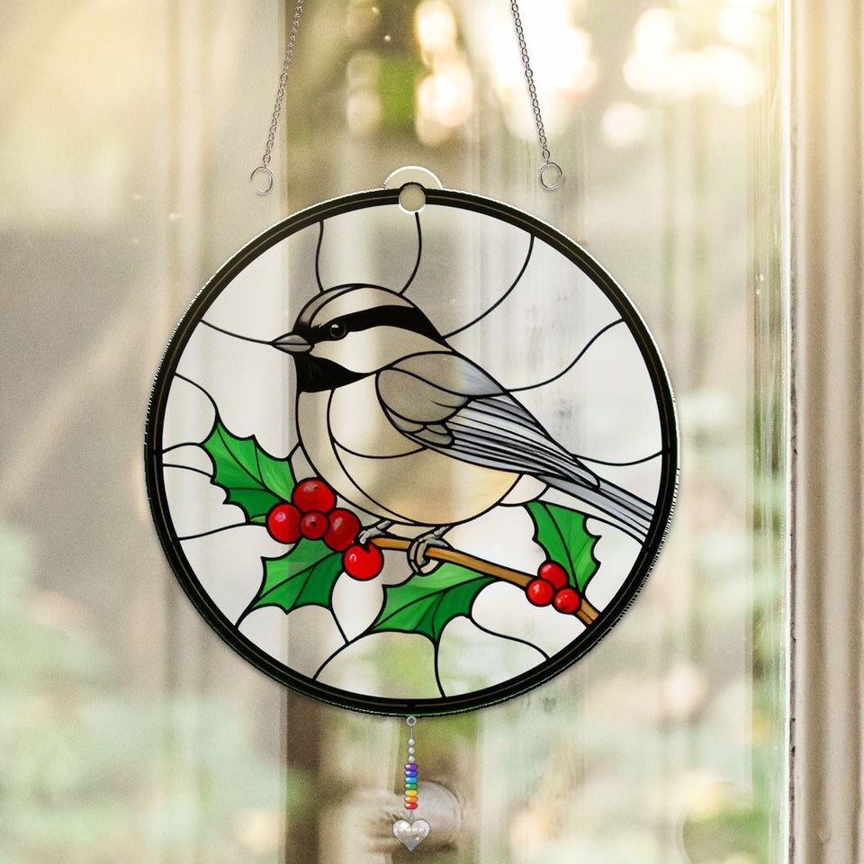 Holly Berry Chickadee Circle Acrylic Suncatcher with heart crystal + rainbow chain