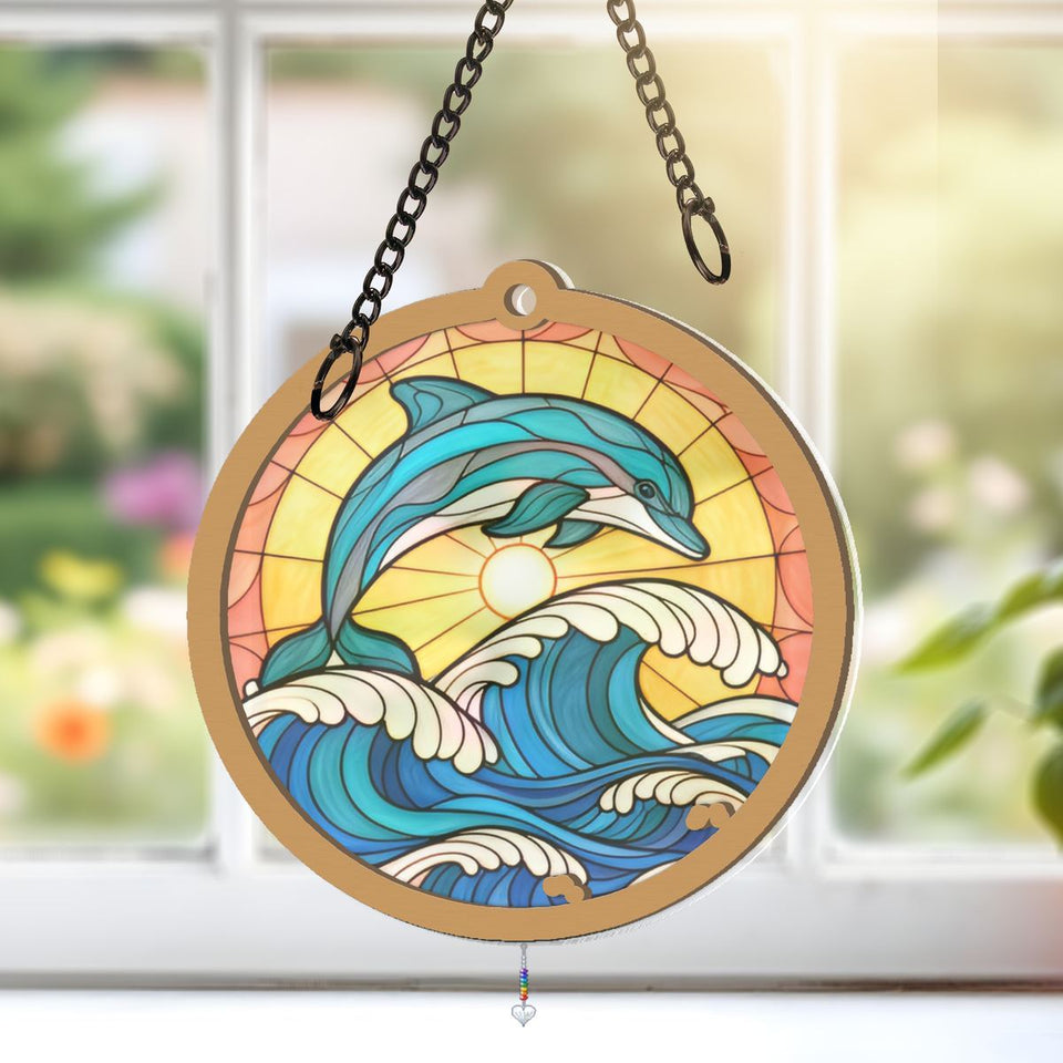 Dolphin Wave Circle Window Hanging Suncatcher with heart crystal + rainbow chain