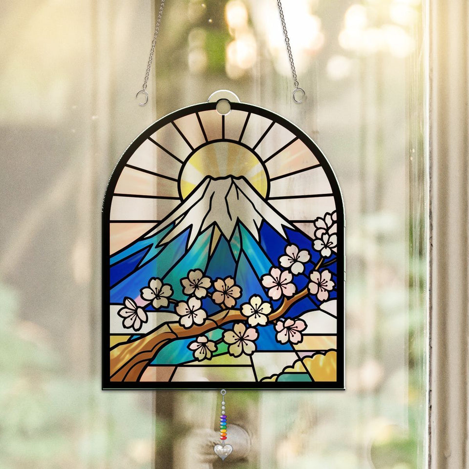 Mount Fuji Blossom Arch Acrylic Suncatcher with heart crystal + rainbow chain