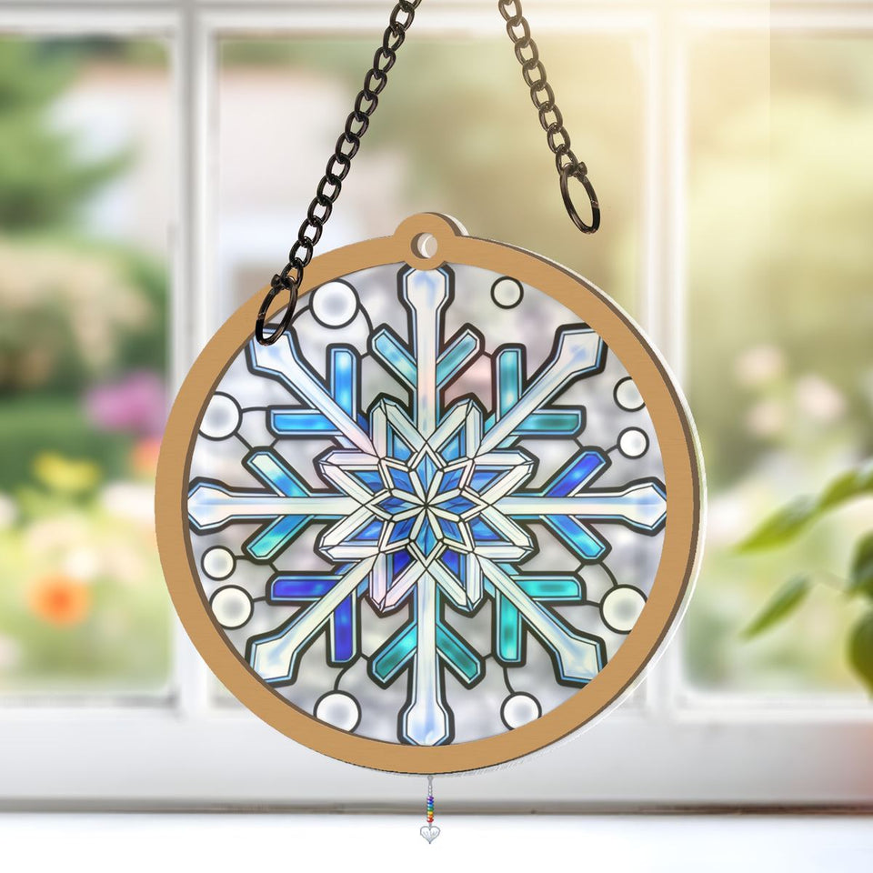 Frosted Snowflake Circle Window Hanging Suncatcher with heart crystal + rainbow chain