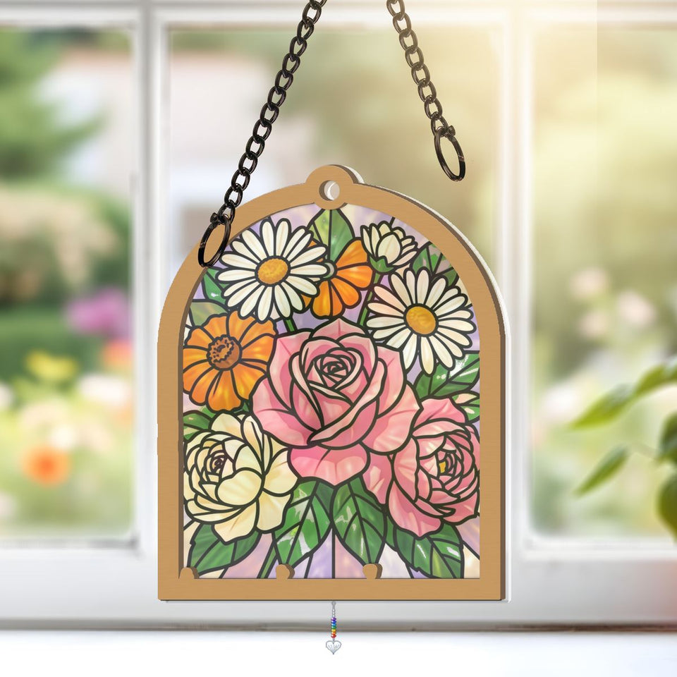 Birth Flower Bouquet Arch Window Hanging Suncatcher with heart crystal + rainbow chain