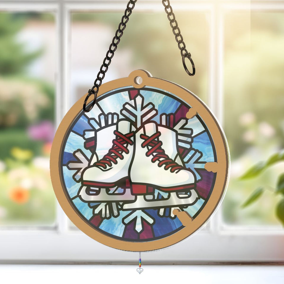 Winter Ice Skates Circle Window Hanging Suncatcher with heart crystal + rainbow chain