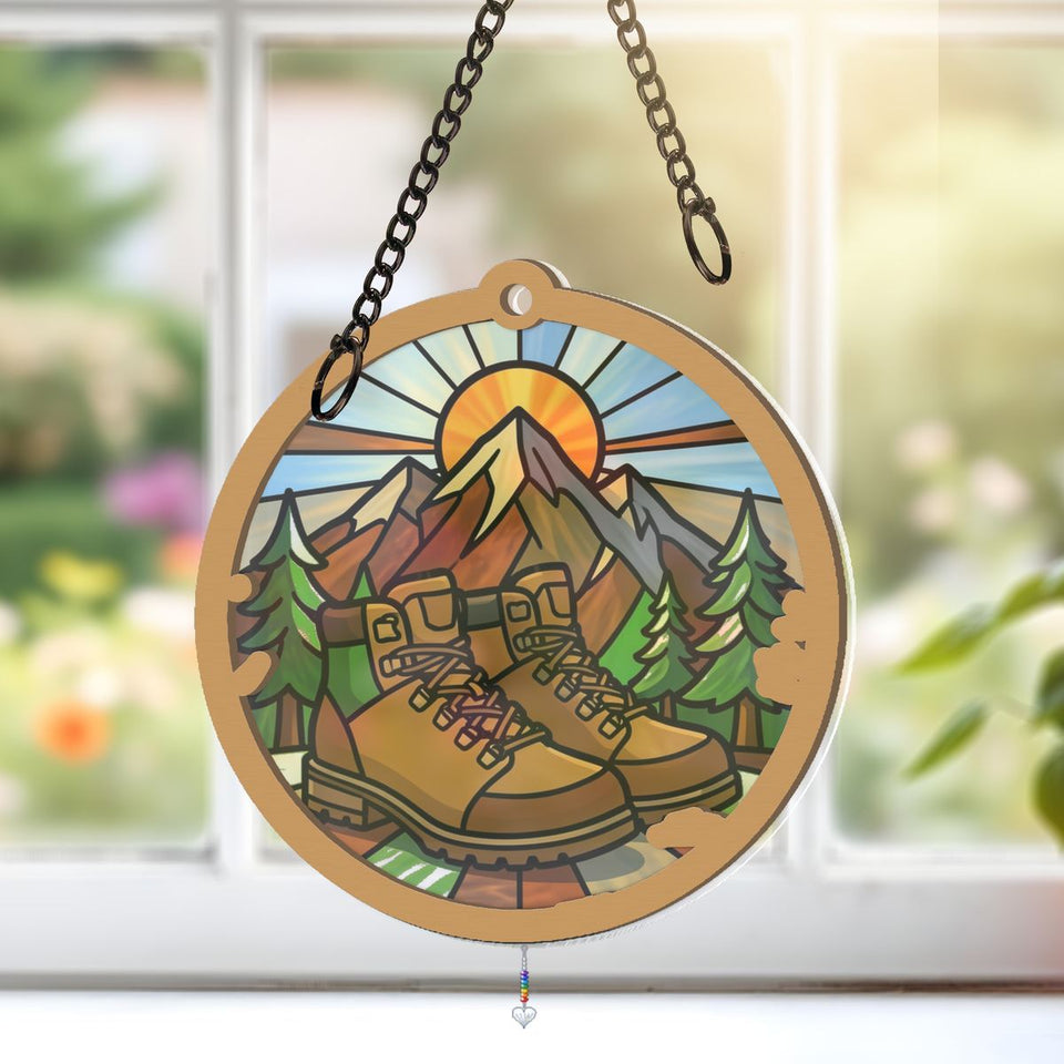 Hiking Boots Mountain Circle Window Hanging Suncatcher with heart crystal + rainbow chain