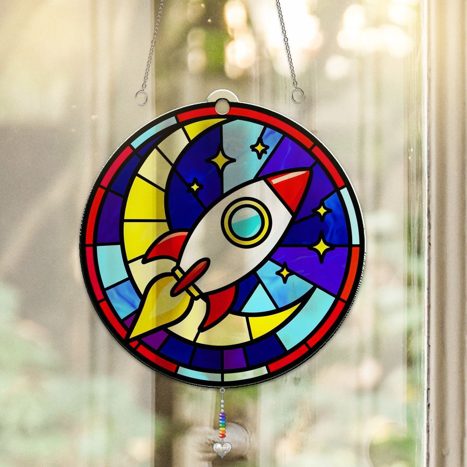 Rocket Ship Stars Circle Acrylic Suncatcher with heart crystal + rainbow chain