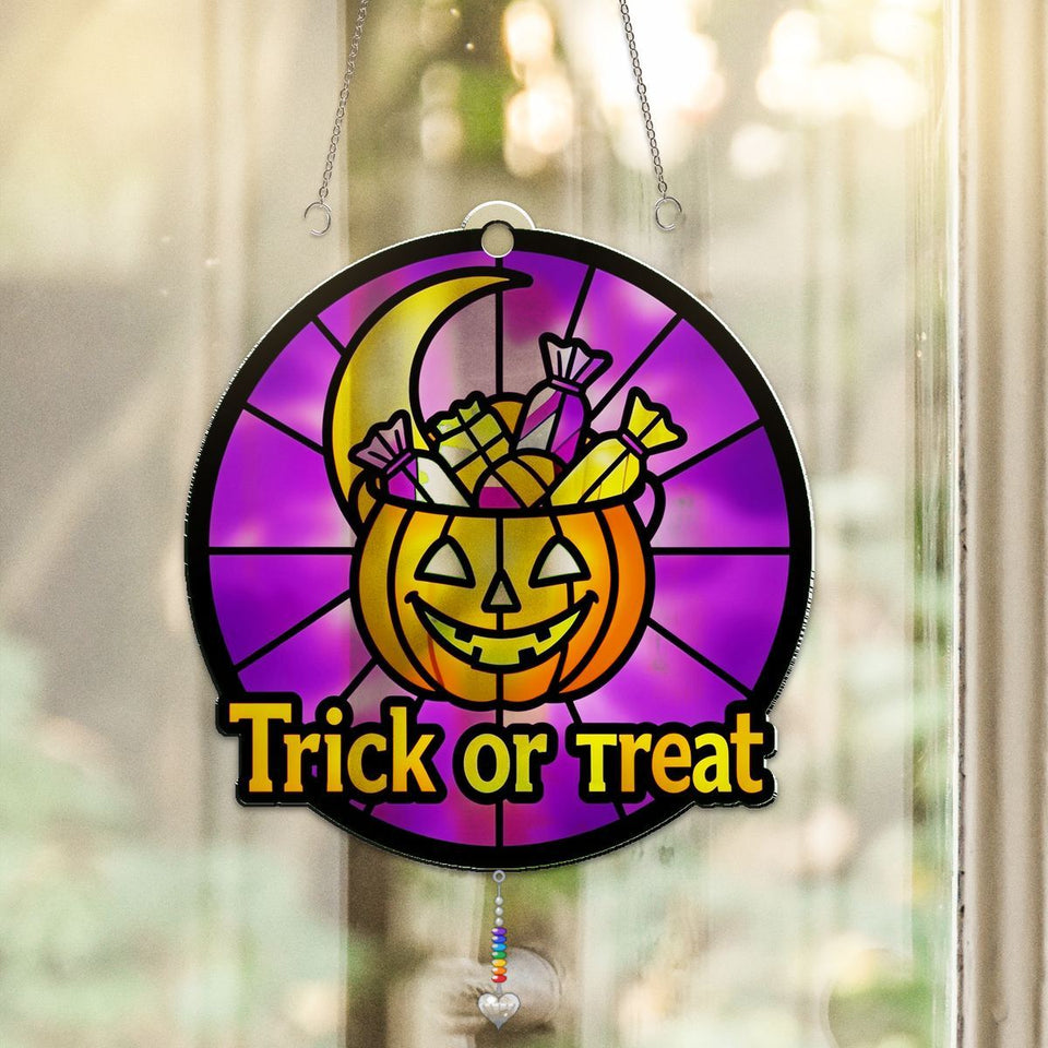 Trick Or Treat Pail Circle Acrylic Suncatcher with heart crystal + rainbow chain
