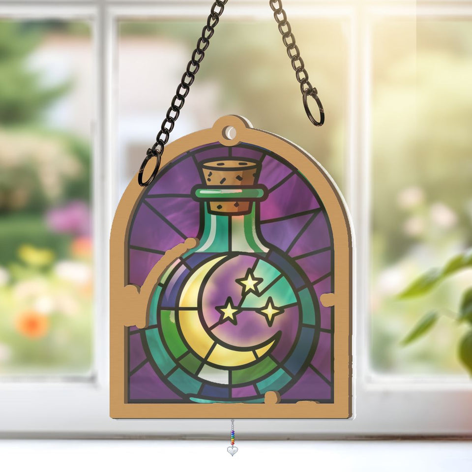 Potion Bottle Moon Arch Window Hanging Suncatcher with heart crystal + rainbow chain