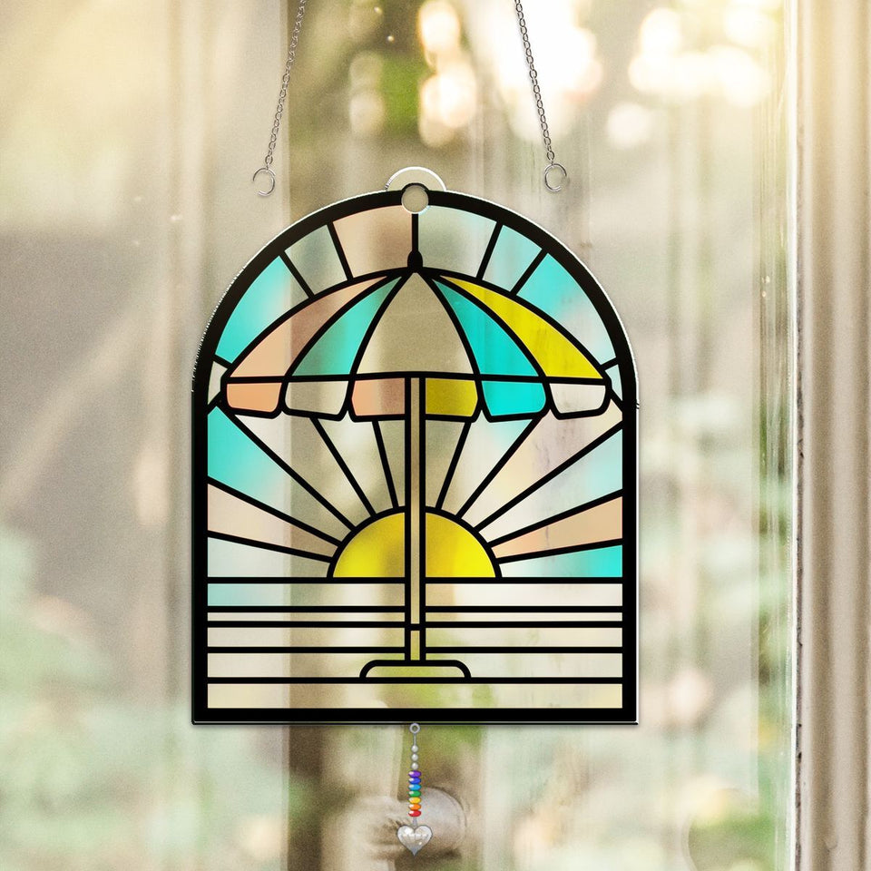 Beach Umbrella Sunset Acrylic Suncatcher with heart crystal + rainbow chain