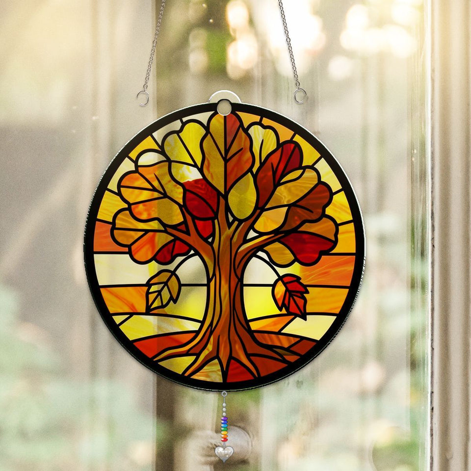 Golden Autumn Tree Circle Acrylic Suncatcher with heart crystal + rainbow chain