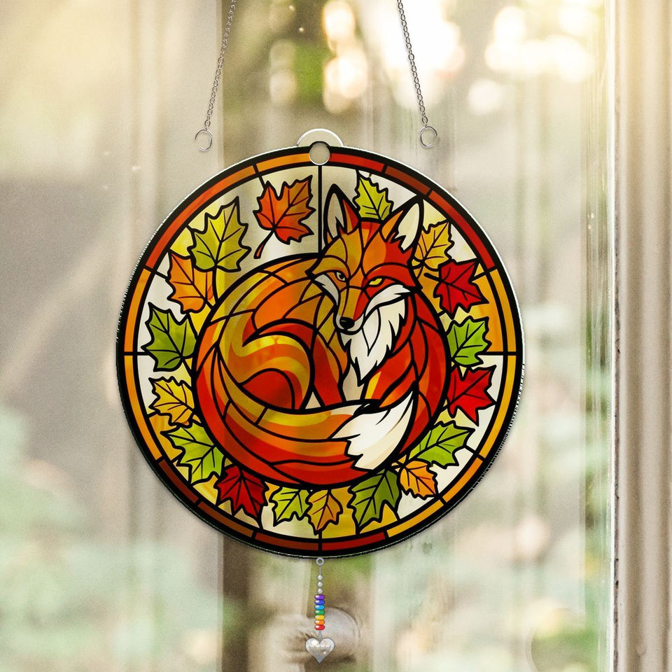 Autumn Fox Leaves Circle Acrylic Suncatcher with heart crystal + rainbow chain