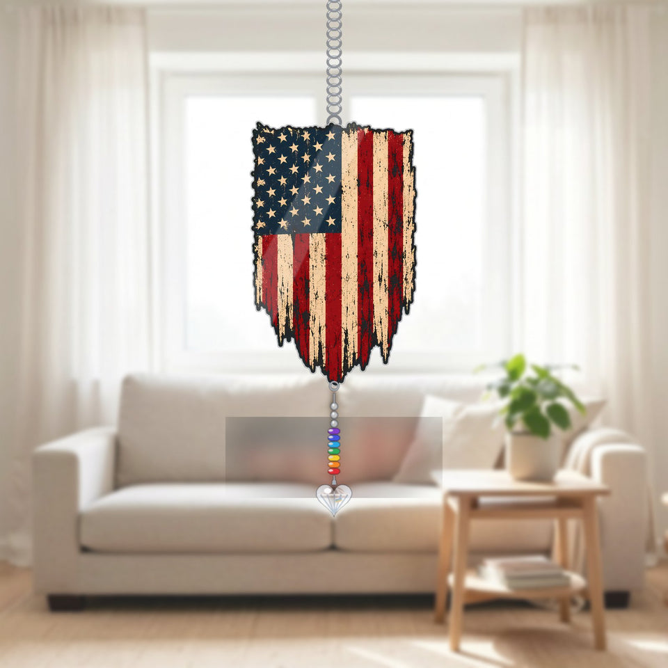 Distressed American Flag Acrylic Suncatcher with heart crystal + rainbow chain
