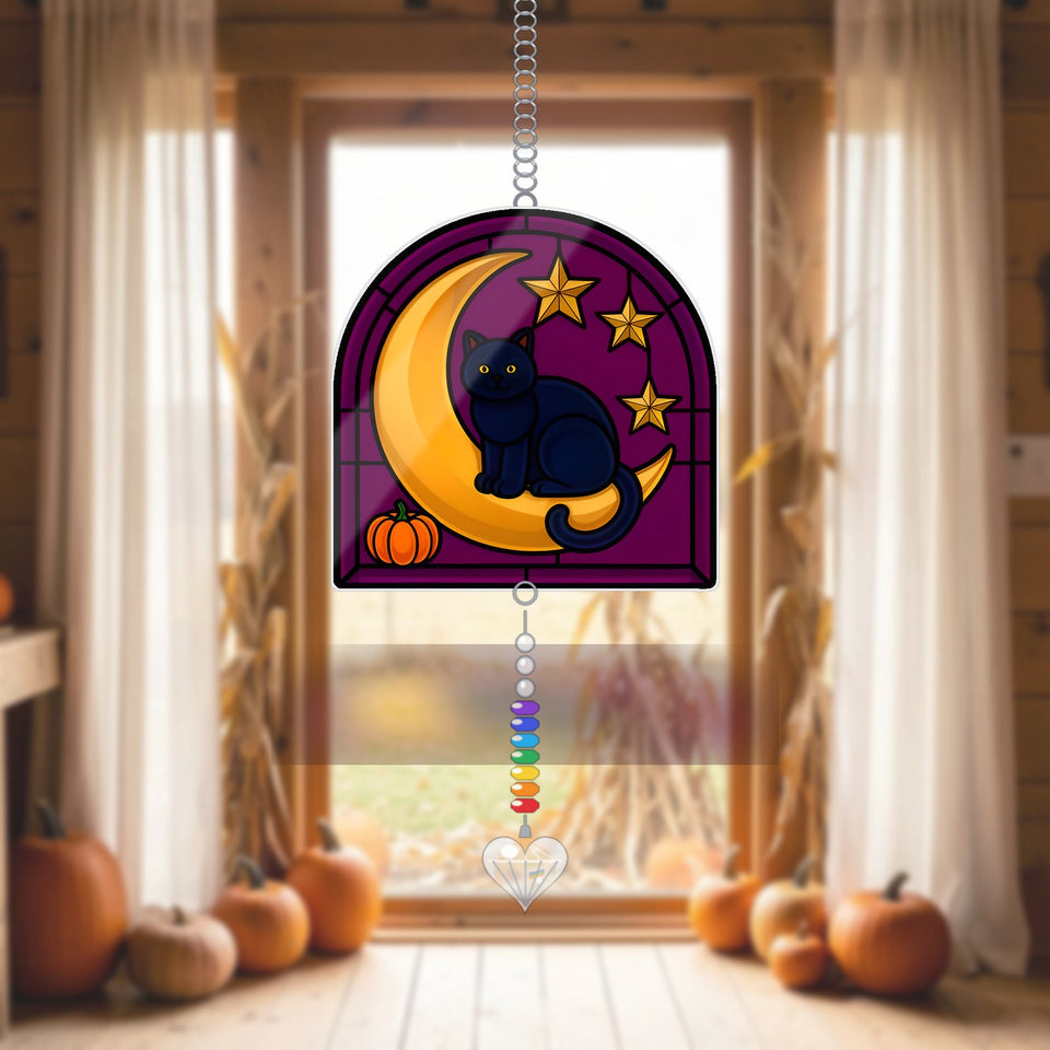 Black Cat Crescent Moon Acrylic Suncatcher with heart crystal + rainbow chain