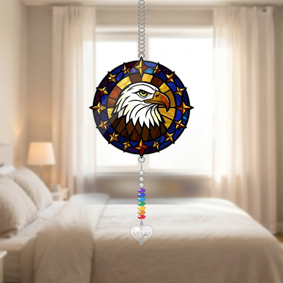 Bald Eagle Stars Circle Acrylic Suncatcher with heart crystal + rainbow chain