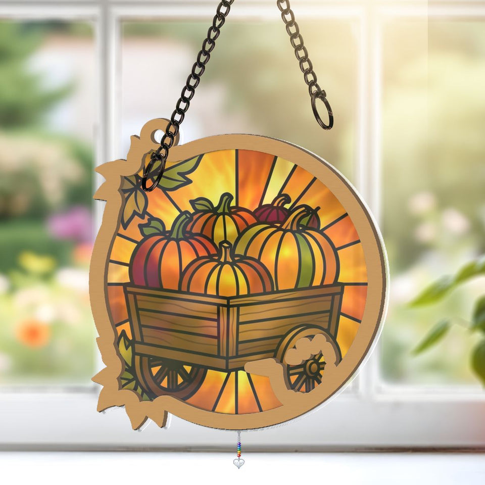 Autumn Pumpkin Cart Circle Window Hanging Suncatcher with heart crystal + rainbow chain