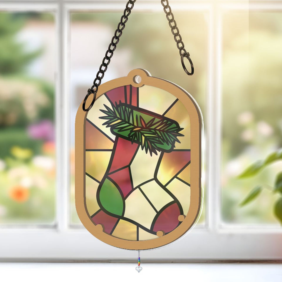 Christmas Stocking Pine Window Hanging Suncatcher with heart crystal + rainbow chain