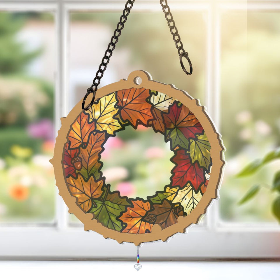 Fall Leaves Wreath Circle Window Hanging Suncatcher with heart crystal + rainbow chain
