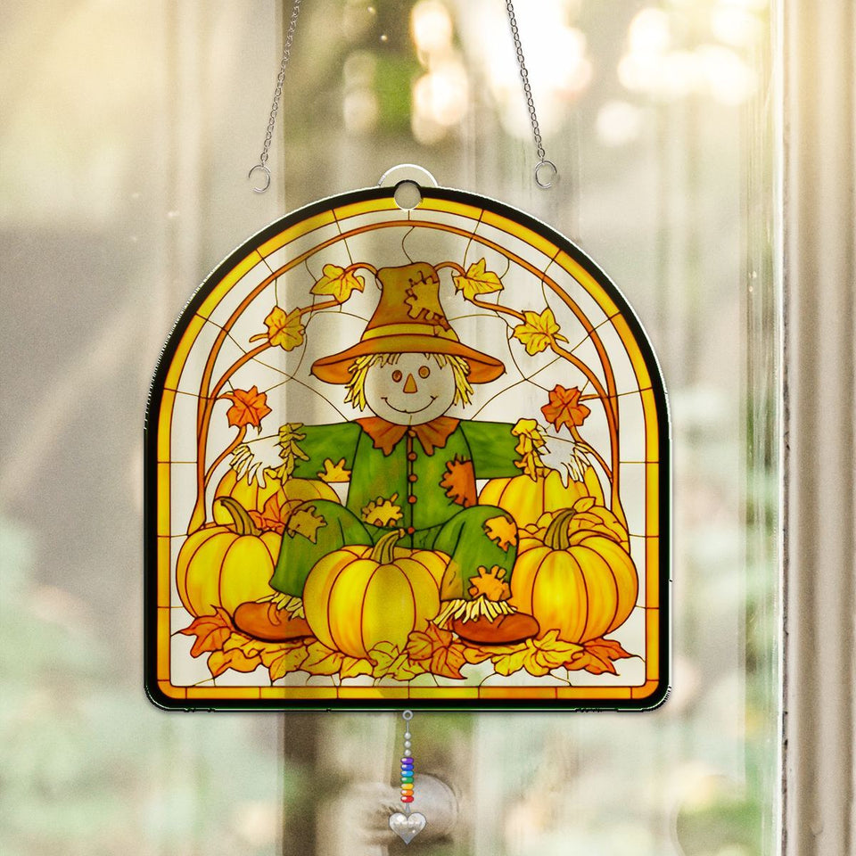 Scarecrow Pumpkin Patch Arch Acrylic Suncatcher with heart crystal + rainbow chain