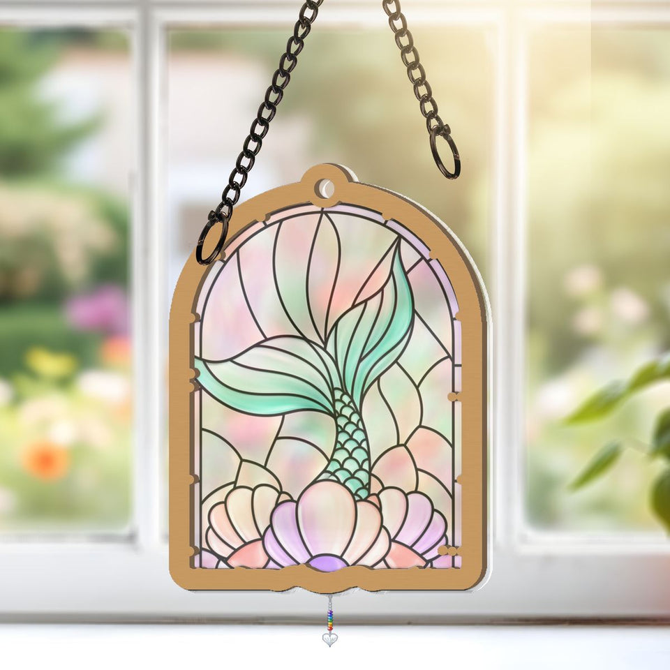 Mermaid Tail Shell Arch Window Hanging Suncatcher with heart crystal + rainbow chain