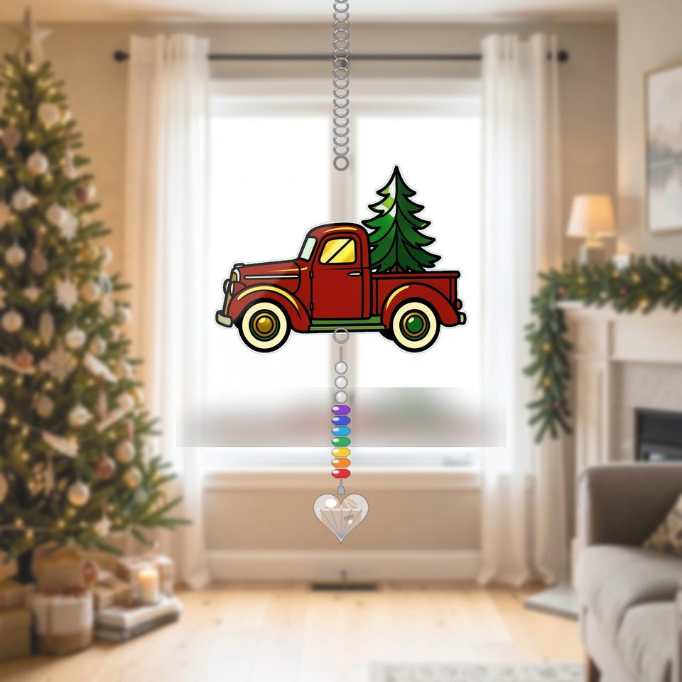 Vintage Christmas Truck Acrylic Suncatcher with heart crystal + rainbow chain