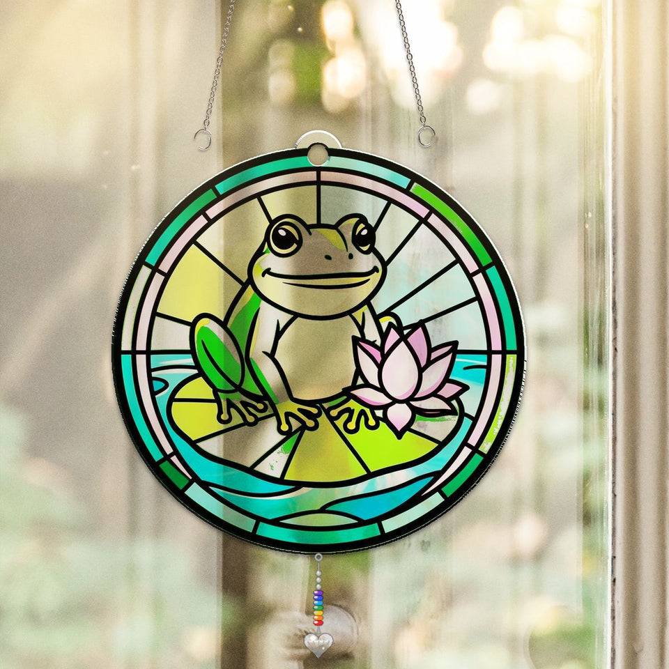 Frog Lily Pad Circle Acrylic Suncatcher with heart crystal + rainbow chain