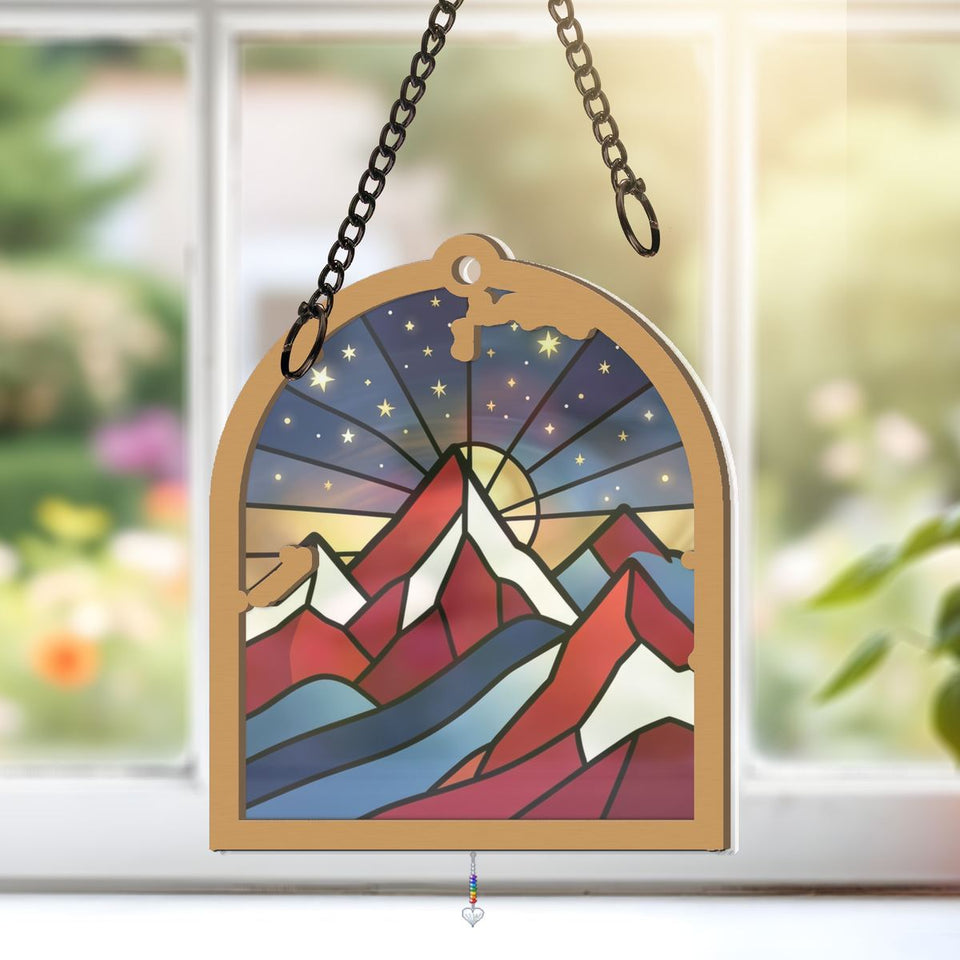 Patriotic Mountain Arch Window Hanging Suncatcher with heart crystal + rainbow chain