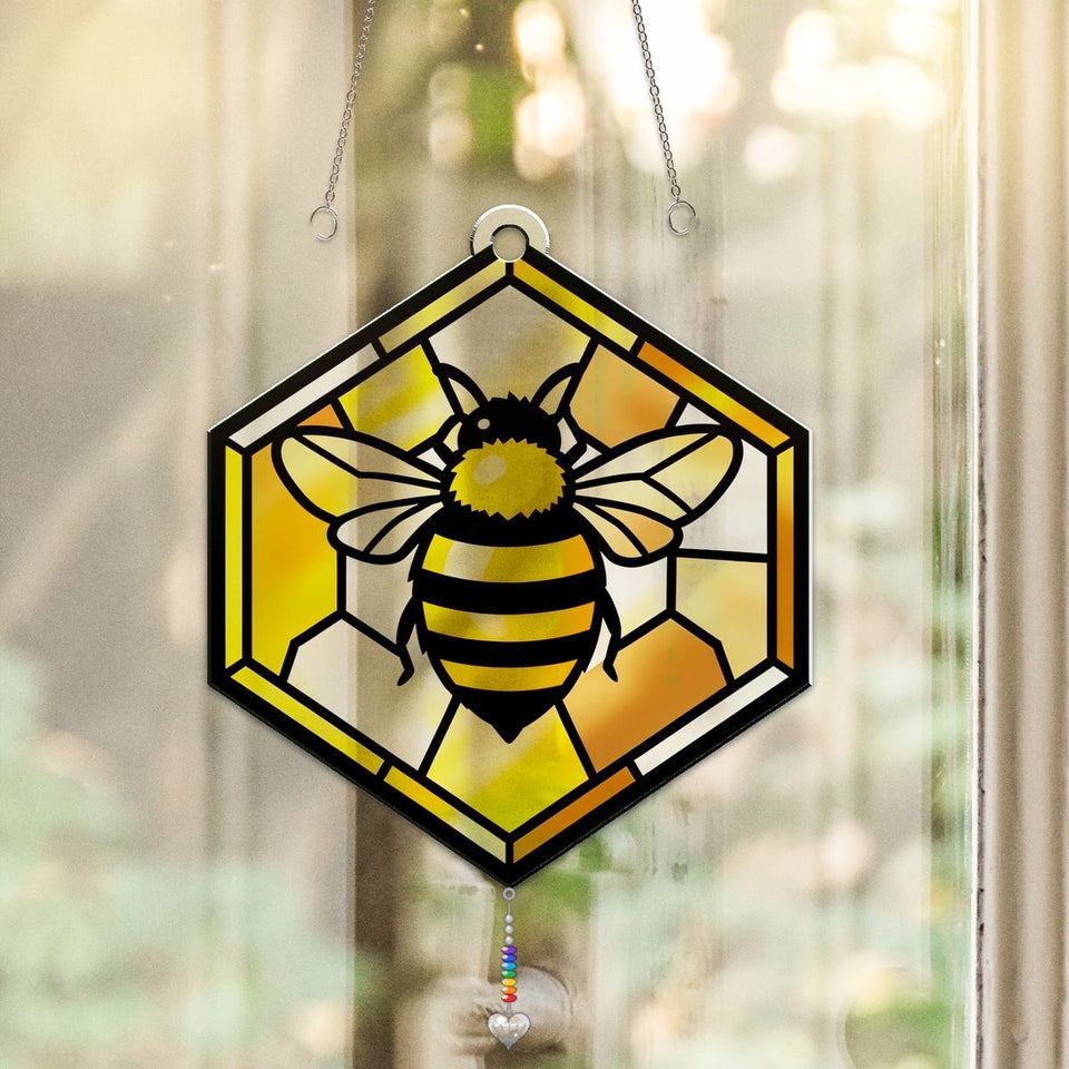 Honeybee Honeycomb Hexagon Acrylic Suncatcher with heart crystal + rainbow chain