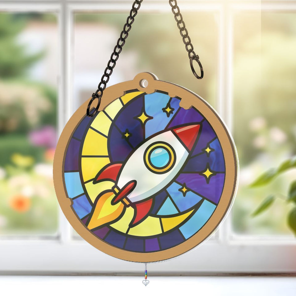 Rocket Ship Stars Circle Window Hanging Suncatcher with heart crystal + rainbow chain