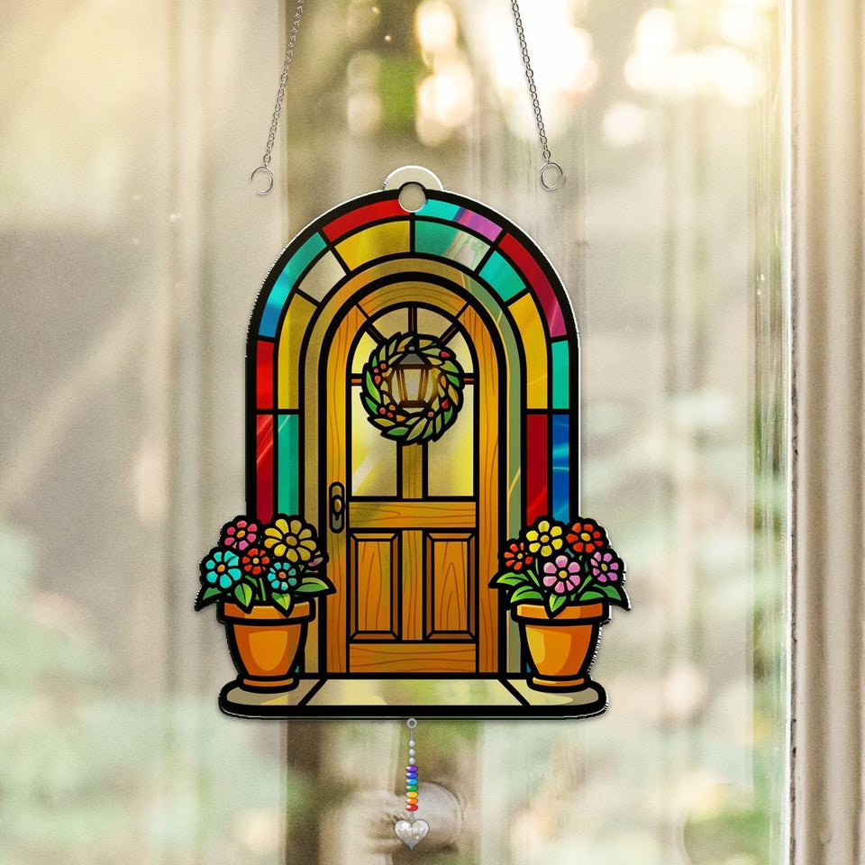 Cozy Cottage Door Arch Acrylic Suncatcher with heart crystal + rainbow chain