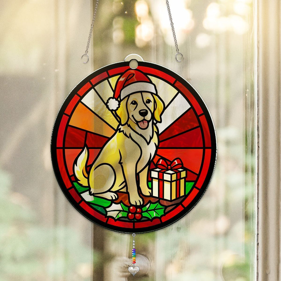 Christmas Dog Santa Hat Circle Acrylic Suncatcher with heart crystal + rainbow chain