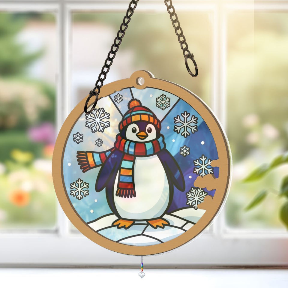 Winter Penguin Scarf Circle Window Hanging Suncatcher with heart crystal + rainbow chain