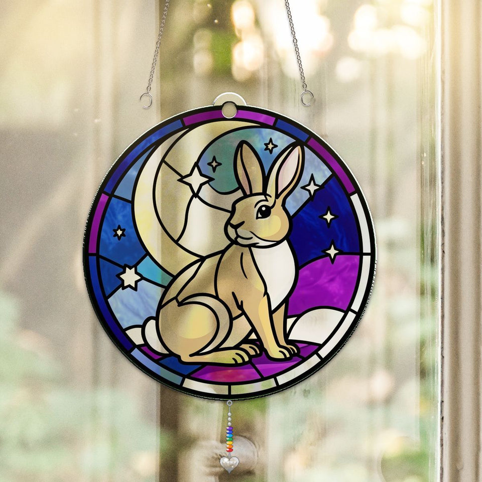 Moon Gazing Hare Circle Acrylic Suncatcher with heart crystal + rainbow chain