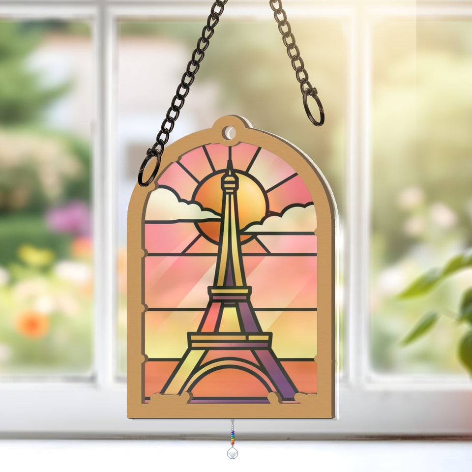 Eiffel Tower Sunset Arch Window Hanging Suncatcher with teardrop crystal + rainbow chain