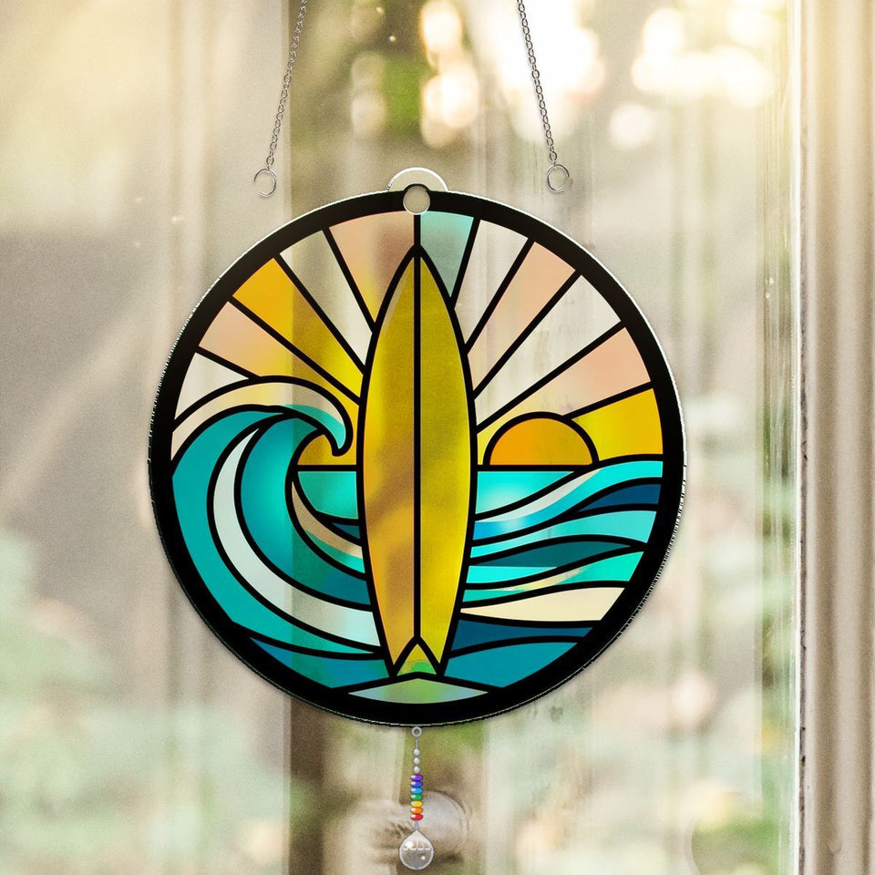 Surfboard Wave Sunset Circle Acrylic Suncatcher with teardrop crystal + rainbow chain