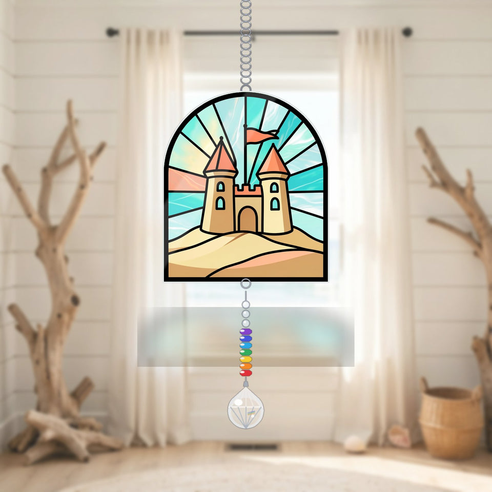 Sandcastle Beach Arch Window Hanging Suncatcher with teardrop crystal + rainbow chain