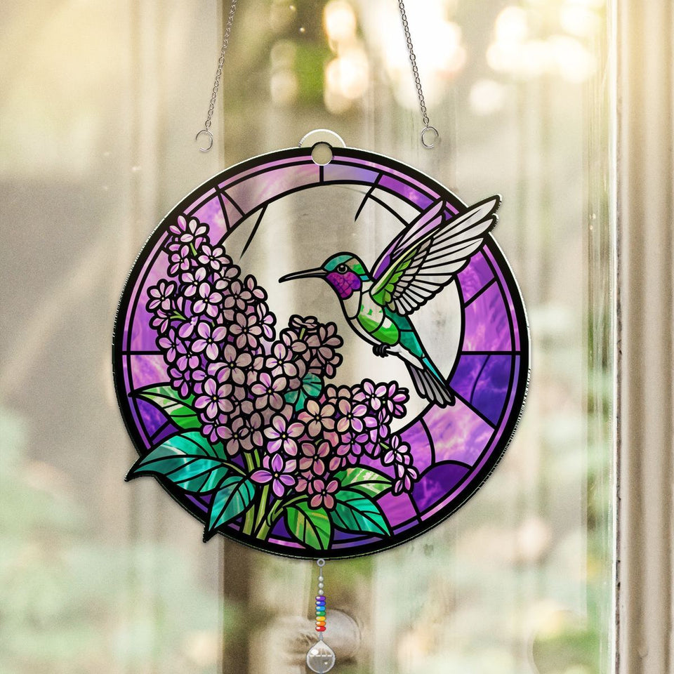 Hummingbird Lilac Moon Circle Acrylic Suncatcher with teardrop crystal + rainbow chain